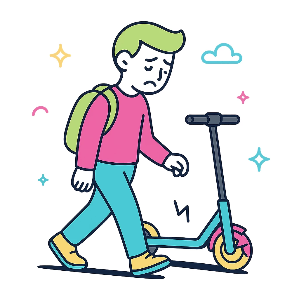 Una persona triste con el pelo claro y una mochila verde camina junto a un patinete con la rueda delantera pinchada. El fondo muestra estrellas de colores, una nube y formas abstractas.