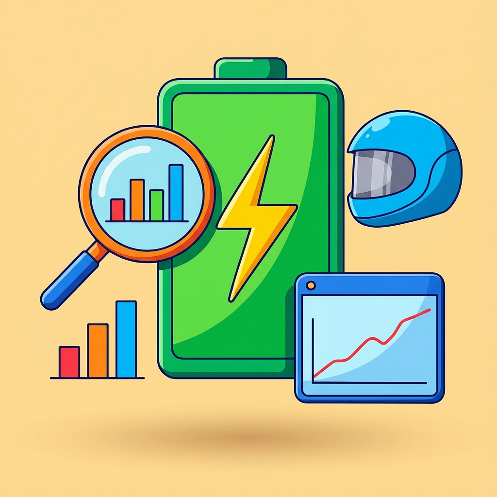 Una colorida ilustración que muestra una gran batería verde con un rayo amarillo, un casco azul, gráficos de barras y líneas, y una lupa que resalta temas relacionados con la energía y el análisis de datos.