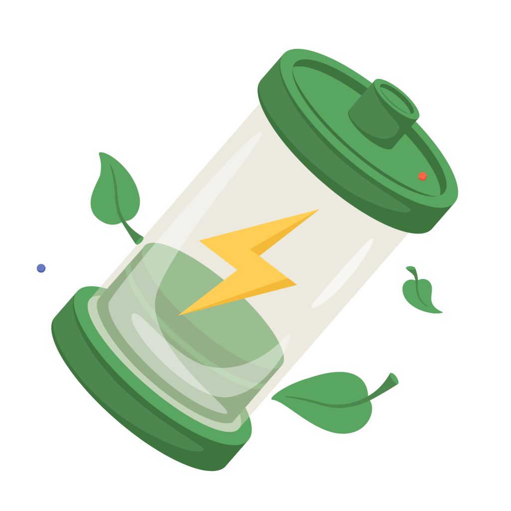 Ilustración de una pila verde con el símbolo de un rayo amarillo, rodeada de hojas verdes, que representa la energía ecológica o sostenible.